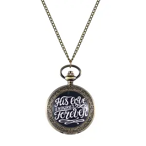 OIDEA Bible Psalms "His Love Endures" Pocket Watch, Quartz Antique Bronze Necklace Watch, Scripture Engraved Case, Christian Worship Gift