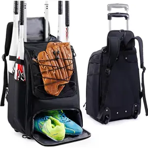 Baseball Rolling Backpack with Wheels, 2-in-1 Softball Equipment Bag with Shoe Compartment, Bat Holders, Large Capacity Baseball Gear Bag for Youth Girls Boys, Rolling Softball Backpack