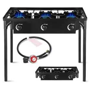 3 Burner Pranpane Stove for Outdoor Cooking Propane Burner 225,000 BTU Gas Cooker High Pressure Camping Stove with Removable Legs and 20 PSI Regulator for Backyard, Boiling and Frying