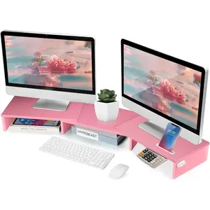 Dual  Stand Riser for 2 Monitors,  Stand for Desk, Adjustable Length & Swivel Angle Wooden Desktop Organizer Stand Riser with Smartphone Holder for PC  ptop, Pink