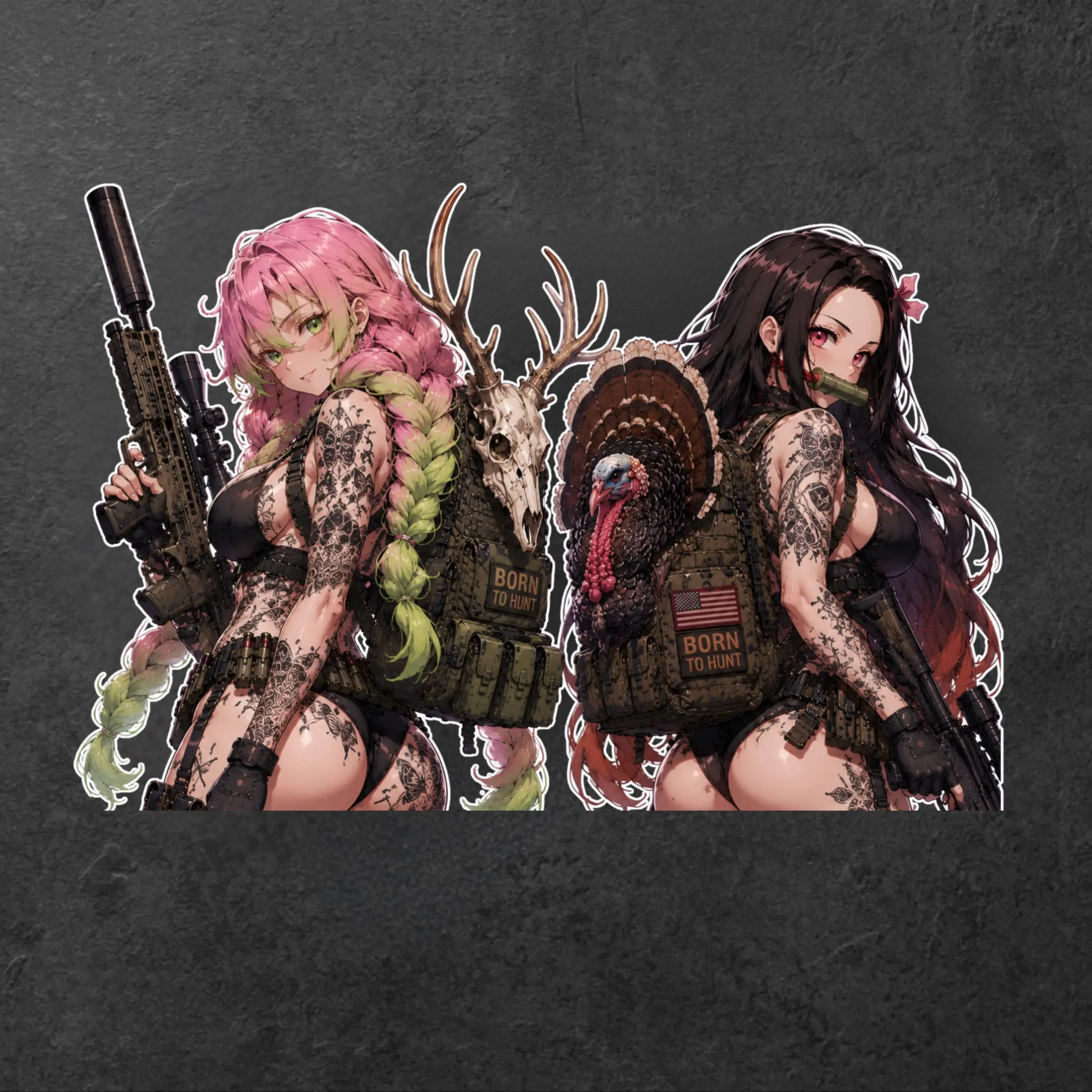 Mitsuri x Nezuko Anime Hunting Girls Sticker, Mitsuri and Nezuko Tactical Hunter Vinyl Decal, Deer Skull and Turkey Hunting Backpack, Waterproof Laptop Truck Tumbler Hunter Gift