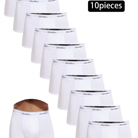 10-Pack Men's White Boxer Briefs, Breathable Polyester Underwear, All Season Underwear, High-Quality Stretchy Casual Underpants, Comfortable Fit