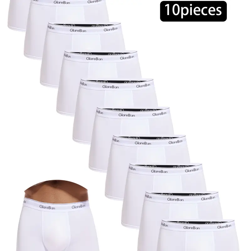 10-Pack Men's White Boxer Briefs, Breathable Polyester Underwear, All Season Underwear, High-Quality Stretchy Casual Underpants, Comfortable Fit