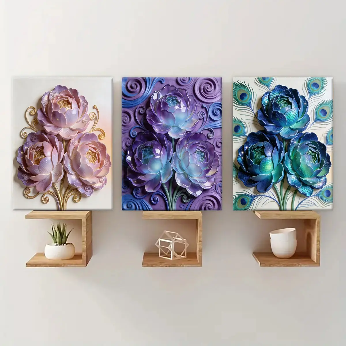 3-Count Wood Framed Canvas, Embossed Floral Aesthetic Pattern Triptych Wall Art for Luxury Home Decor, Modern Art for Living Room and Bedroom