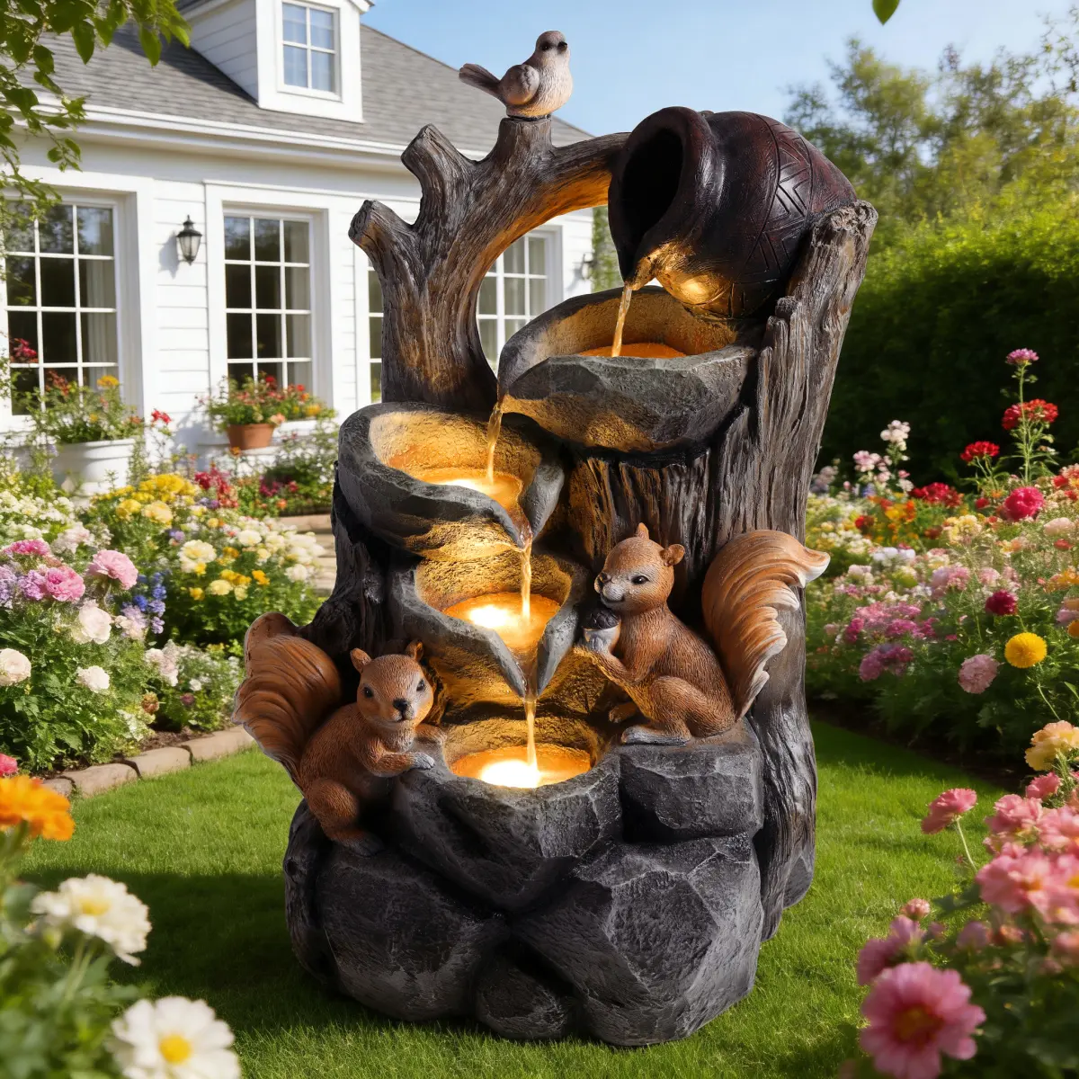 [Fahuac] Outdoor Squirrel LED Water Fountain - Resin Tree Stump, Automatic Waterfall, Water Pump, Artificial Stone, 23.6x17.3x30.1in Garden Decor for Patio, Backyard, Automatic Waterfall Fountains, Water Pump Fountains