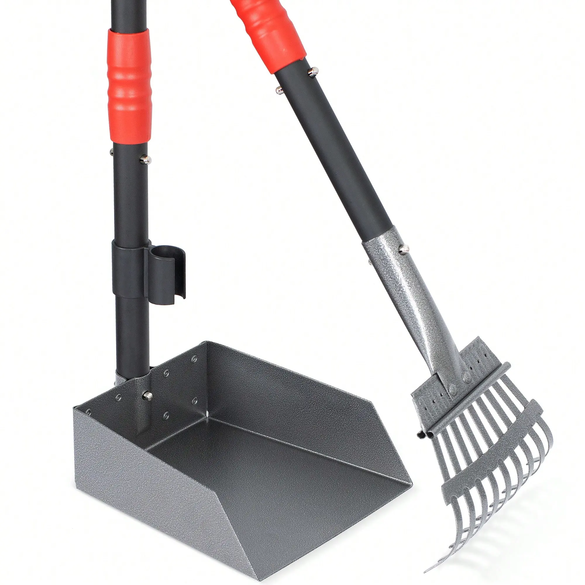 Dog Pooper Scooper, Dog Poop Tray And Rake Set, Pet Waste Removal Scoop With Long Adjustable Sectional Stainless Handles