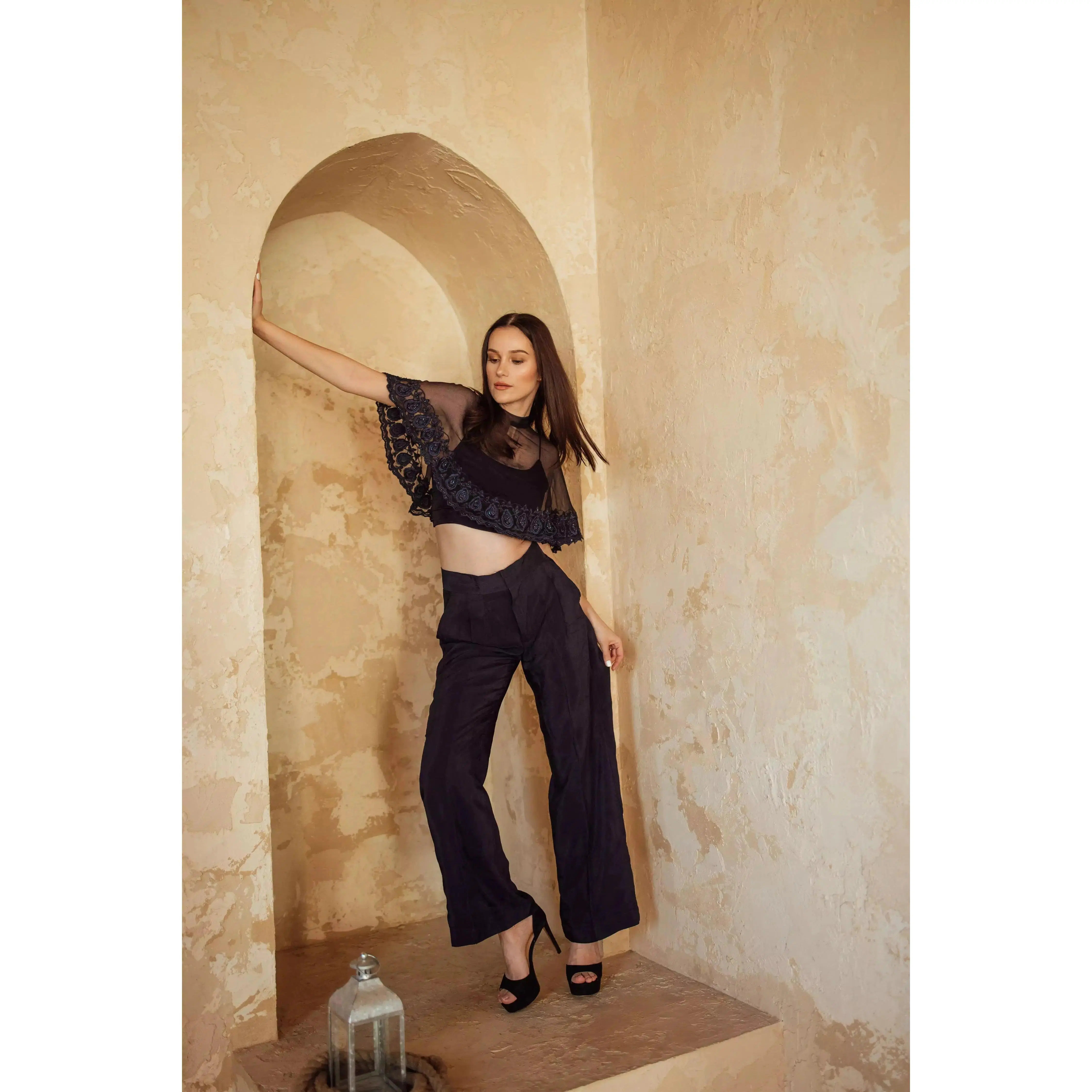 Camilla Navy Pant Set with Cape Drape