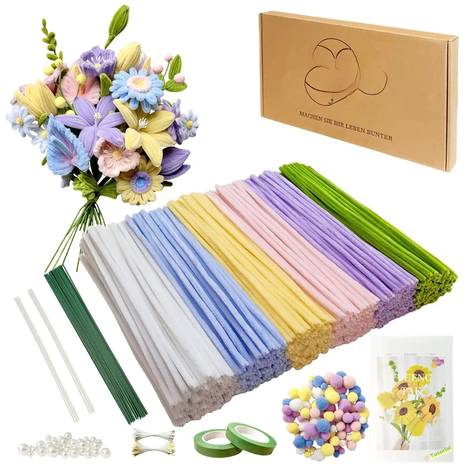 500 count Pipe Cleaner Flower kit with tutoria,Pipe Cleaners Craft(6 Colors)Chenille Stems  Craft kit with 20 count Green Floral Wires,Gardening Tape,Stamen(2 Colors), Beads,pompoms