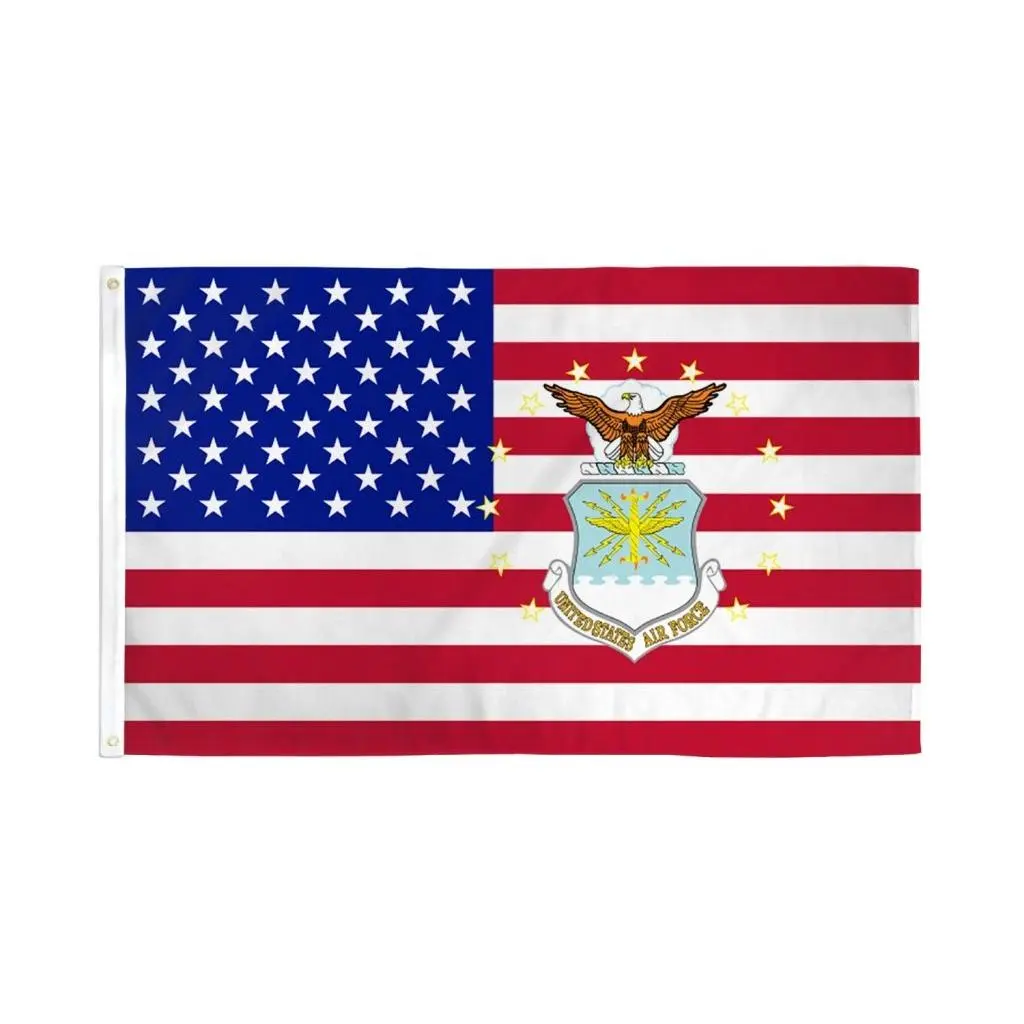 3x5ft Polyester American Flag Prints with Military Aviation Emblem, Dye Sublimation Printing, Bold Print, Header Tape, Hanging Indoor All Seasons Patriotic Gear, Hangable Wall Banner, Party Decoration Supply, Indoors