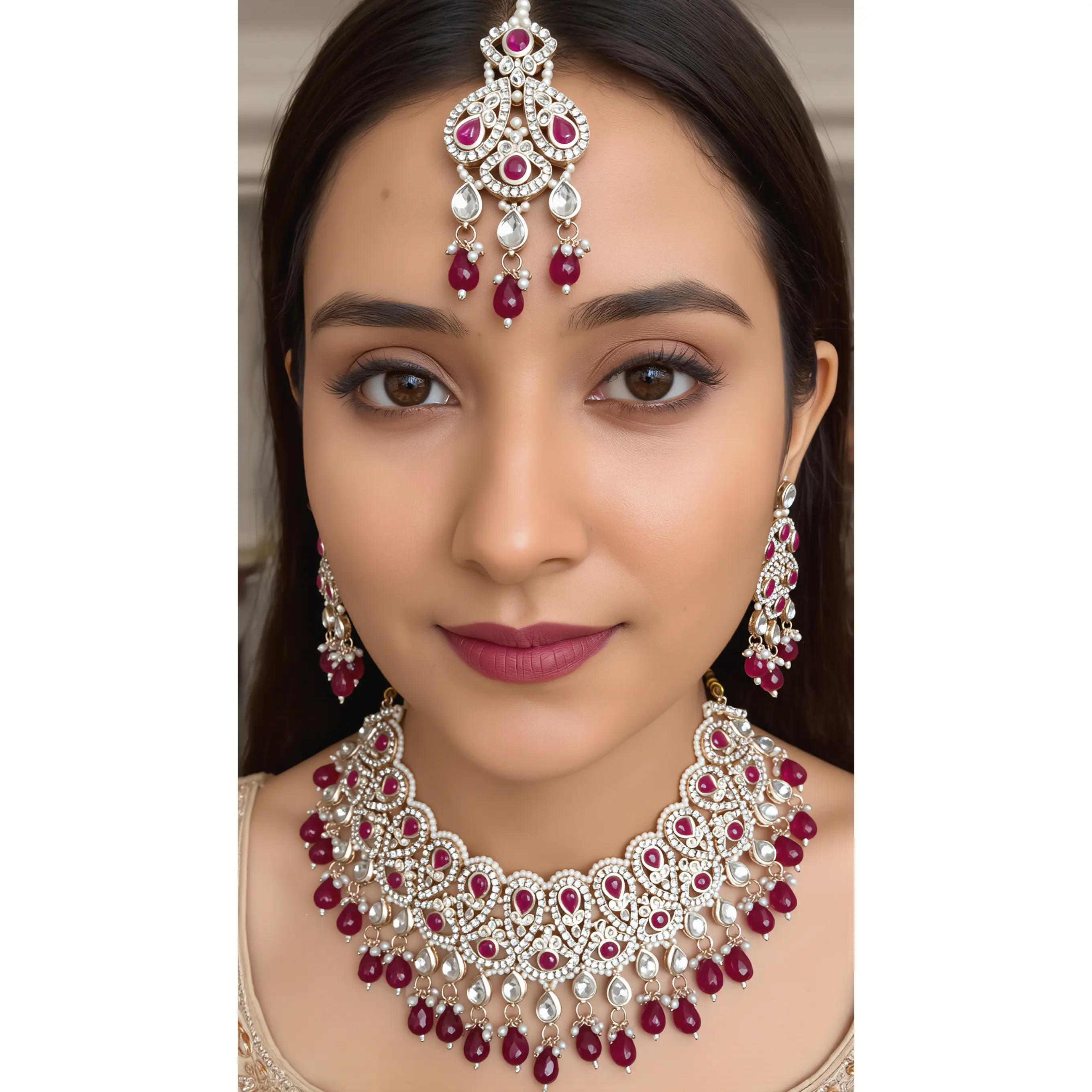 Ruby Red Kundan Bridal Jewelry Set with Earrings & Maang Tikka | Rose Gold Indian Pakistani Afghan Wedding Necklace | Gift Box Included 6047