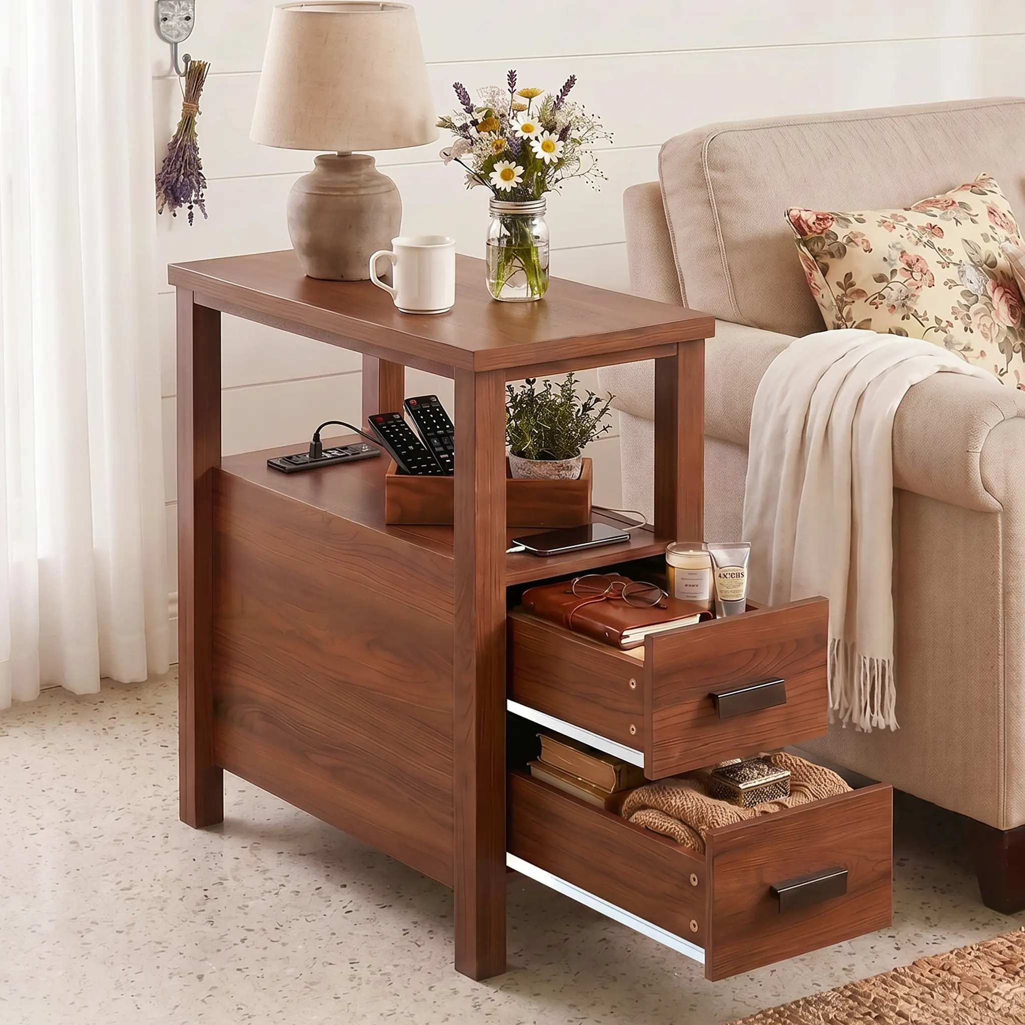 【SummerSale 】Narrow Nightstand with Charging Station, 24.4" H Slim Side Table with 2 Drawers, Bedside Table for Small Spaces, Modern End Table with Low Profile Legs (Walnut)