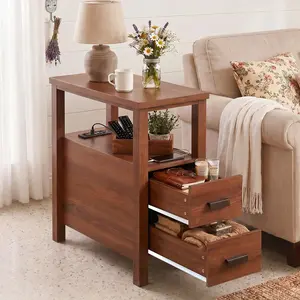 Modern  End Table with Charging Station, Narrow Side Table for Living Room,  Modern Night Stand with Storage, mall Rustic Wood Stylish with USB Ports and Outlets for Bedroom, Living Room, Apartment，RV.（ Walnut）