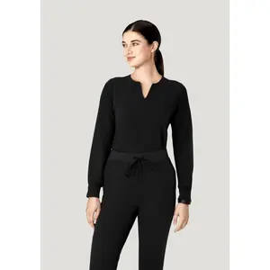 Long Sleeve Notch Neck Top Black