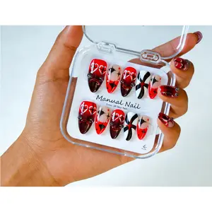 Y2K Sweet Cool Essential! Vosplends Black Red Heart Acrylic Press-On Nails 10pcs Handmade Pointed Style #  Almond Nails#Valentine’s Day Nails # Shopping & Date Night