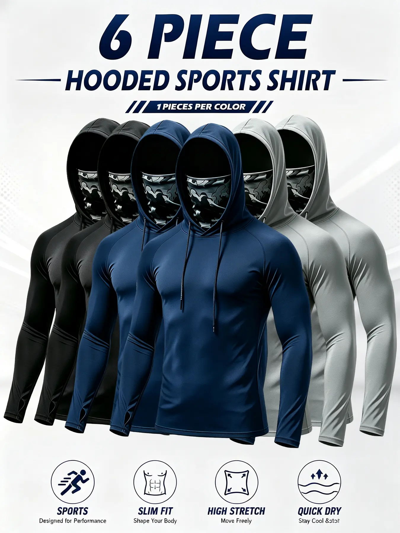 6/3 Pack Men's Sun Protection Long Sleeve Hooded Shirts, 4-Way Stretch Quick Dry Compression Work Shirt with Built-in Face Mask & Neck Gaiter, UV Protection for Fishing Cycling Gardening Outdoor Work Sports Top Multifunctional