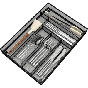 Large 6 Compartment Metal Mesh Silverware Organizer, Black Flatware Utensil Cutlery Tray for Kitchen Drawers, Size 11.3"*16"