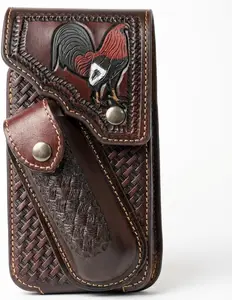 Western Phone Holster with Knife Pouch, Engraved Rooster Basketweave Belt Clip Case for Men (Coffee)