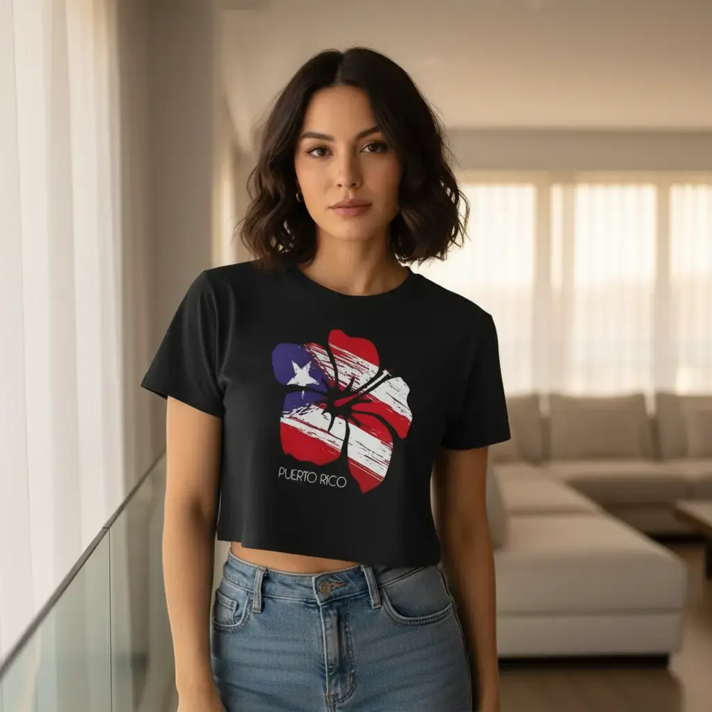 Women's 100% Cotton Crew Neck Crop T-Shirt - Puerto Rico Flag, Hibiscus Floral Graphic Print, Vintage Boricua Patriotic Top, Lightweight Casual Summer Vacation Beach Streetwear Gift