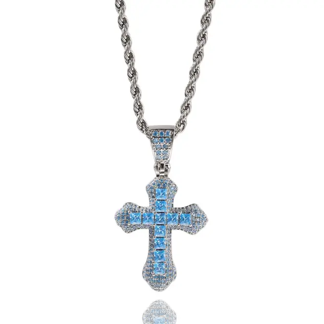 QUEENDO Multicolor Iced Cross Pendant Necklace, Blue Pink Orange Red Purple Clear Black Crystal Cross Charm with Twisted Rope Chain, Hip Hop Religious Neck Jewelry, Versatile Daily Party Statement Gift for Men and Women