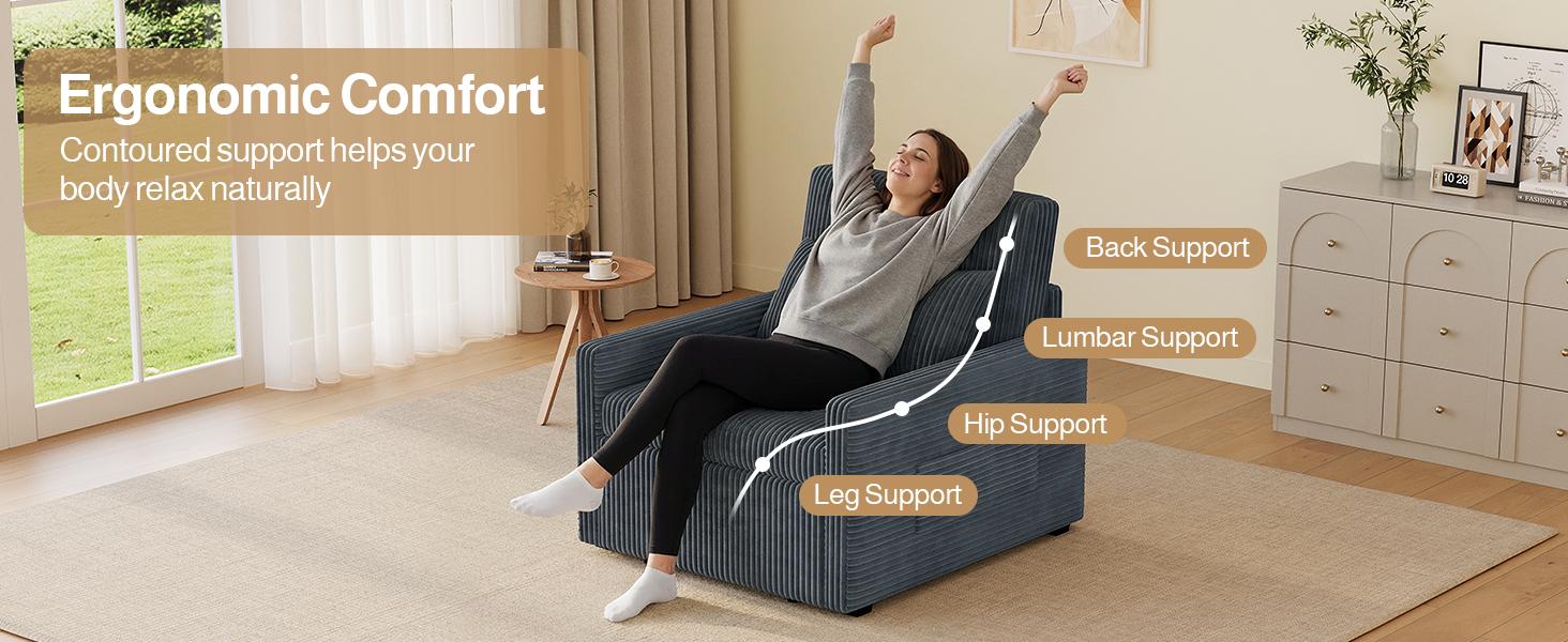Gizoon 3 in 1 Pull Out Sleeper Chair, 75.2" Long Convertible Sofa Bed for Adults, Corduroy Armchair Chair Bed & Single Sleeper with Pillow for Dorm/Bedroom, Dark Grey | Dark Gray
