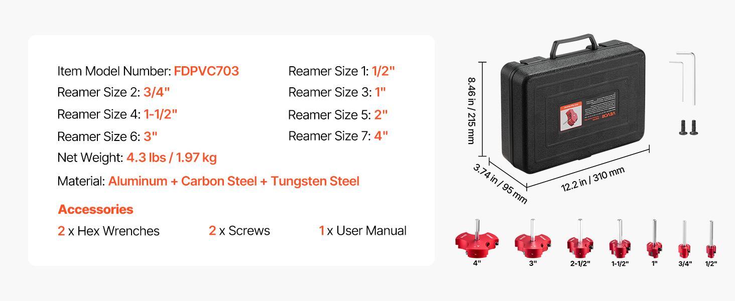 VEVOR 7-Piece Rust-Resist PVC Pipe Cutter Tool Kit - 3 Blades, Plastic Cutter, Fitting Socket Saver, Hex Wrenches, 90° Blade Rotate - Multi-Size 1/2"-4" Pipe Fit, 1/2" Standard Drill Compatible - Aluminum Alloy Frame, For SCH40 ABS CPVC Vent Drain Lines