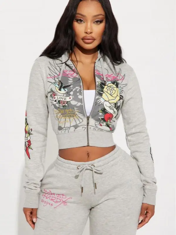 Ed Hardy Rose And Sword Zip Front Hoodie - Heather Grey