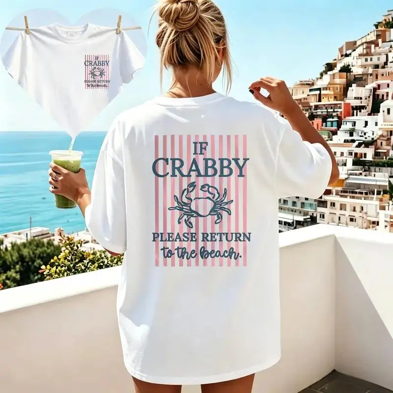 Double-Sided Print Women's Fashion Top, Women's Summer Clothing, Fresh Style, Crab Striped IF CRABBY Printed Round Neck Pure Short Sleeve T-Shirt