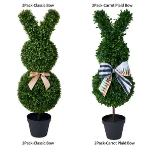 VeriNatural 36'' Boxwood Bunny Topiary (2 Pack) – UV-Resistant Artificial Easter Rabbit Trees with Black Pots for Indoor & Outdoor Porch Decor | Classic Bow or Carrot Plaid Bow