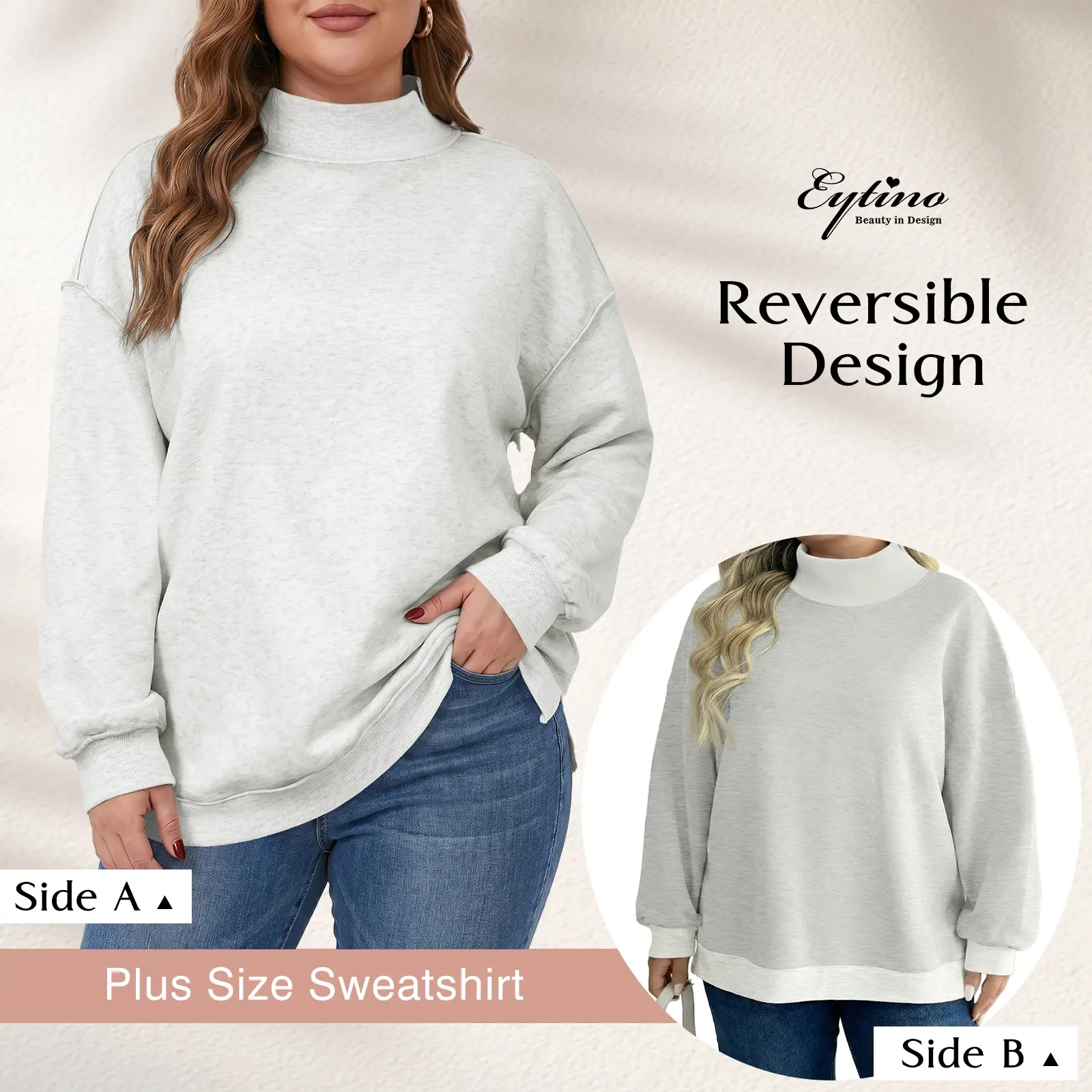 Eytino Plus Size Colorblock Edge Notched High Neck Drop Shoulder Reversible Sweatshirt 2026 Fall Loose Pullover Top For Curvy Women(1X-5X)
