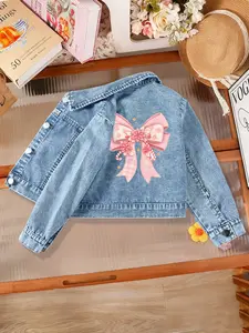 Girls' Outdoor Casual Fashion Button Denim Material Jacket Coat, Spring & Fall Wear, Fitted Design, Random Print, Daily Versatile Clothing, Button Front Jacket, Casual Jackets