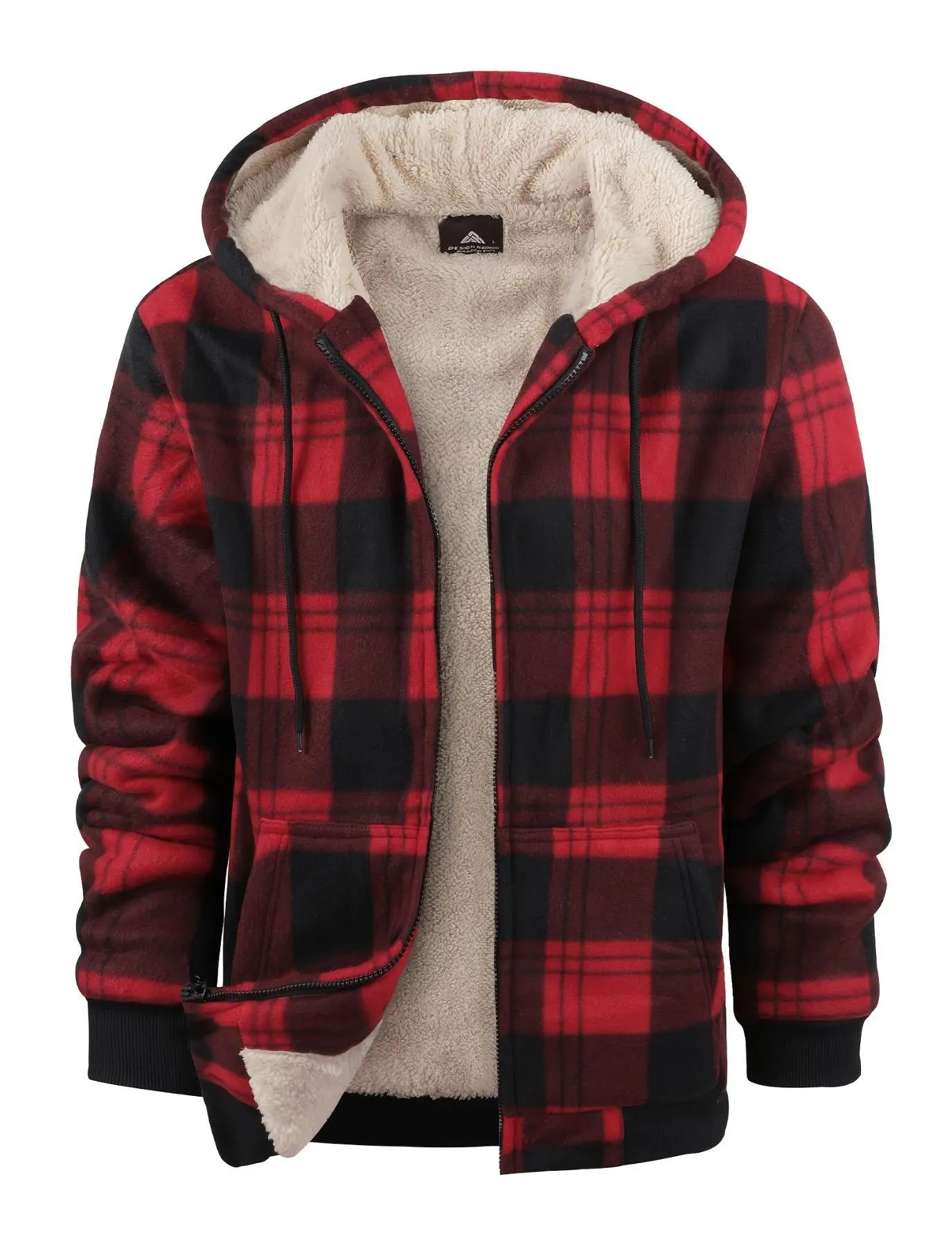 Men's Plaid Print Checked Zip Up Drawstring Hooded Jacket, Regular Fit Casual Thermal Lined Long Sleeve Pocket Outerwear for Fall & Winter, Men's Clothes for Daily Wear Menswear Hoodie Jacket
