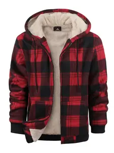 Men's Plaid Print Checked Zip Up Drawstring Hooded Jacket, Regular Fit Casual Thermal Lined Long Sleeve Pocket Outerwear for Fall & Winter, Men's Clothes for Daily Wear Menswear