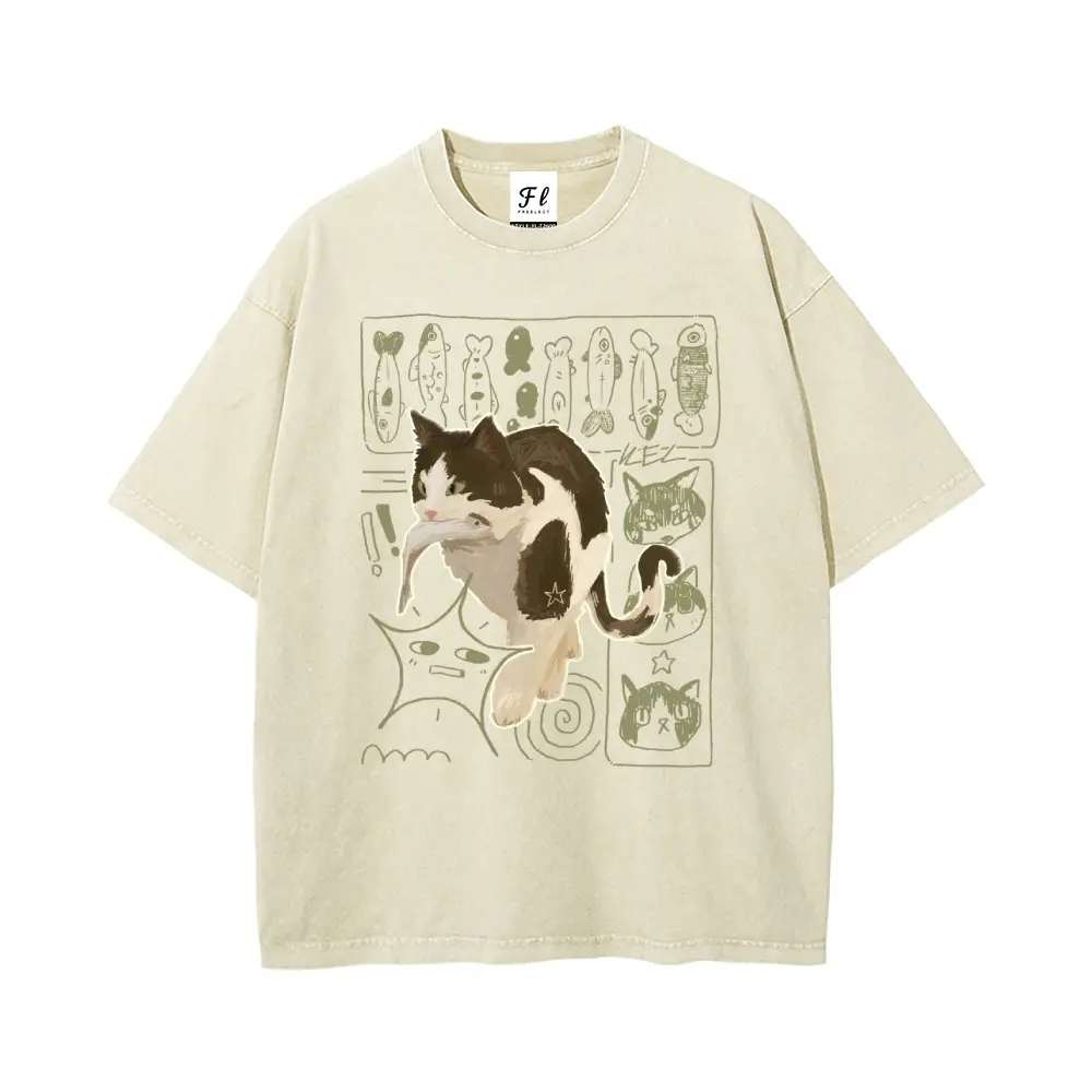 Cat with Fish Doodle Vintage Oversize Unisex Washed T-Shirt for Women and Men's Unisex Fit Batik Cotton Oversize Streetwear Menswear  Super Soft Pre-Shrunk