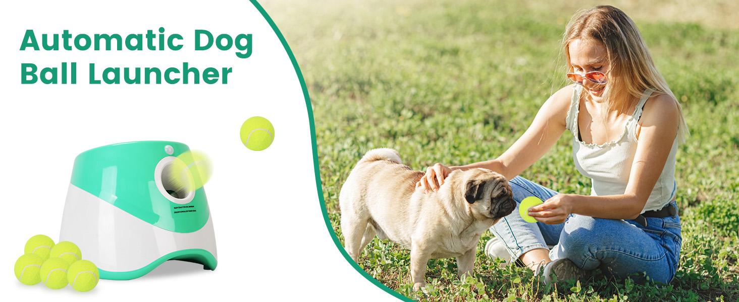 Dog Ball Thrower Launcher, Automatic Ball Launcher with 6 Tennis Balls for Small Medium Dogs, 3 Adjustable Distance Settings, Rechargeable Dog Toy Mental Stimulation Training Game for Energetic Dogs