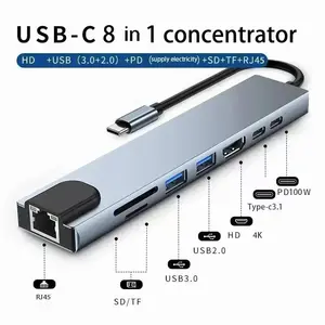 USB C Hub 8 In 1 Type C 3.1 To 4K HDMI Adapter with RJ45 SD/TF Card Reader PD Fast Charge for MacBook Notebook Laptop Computer