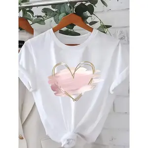 New Plus-Size Pink Heart-Printed T-Shirt Casual Round-Neck Short-Sleeve Top Soft Breathable Fabric Unisex Design