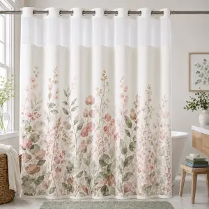 Pink Botanical No Hook Shower Curtain and Snap-in Liner , Hookless Double-Layer Bathroom Curtain with Snap-in Waterproof Liner, Sheer Top Panel, Floral Leaf Design, 72 x 75 Inch