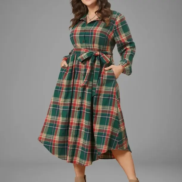 BloomChic Plaid Button Detail Pocket Belted Arc Hem Midi Dress 【M-6XL】