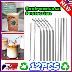 12pcs Stainless Steel Metal Reusable Cocktail Drinking Straws Cleaner Brush Set