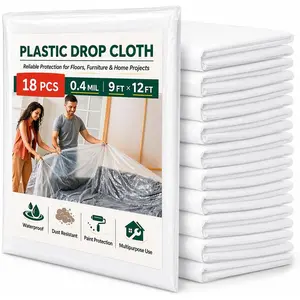 18 Pack Plastic Drop Cloths for Painting, 9 x 12 FT Clear Painters Plastic Sheeting, Disposable Drop Cloth for Floor, Furniture, Couch & Carpet Protection