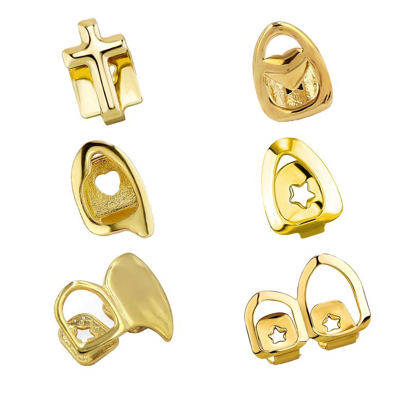 2 Pieces 18K Gold Plated Gold Finish Teeth Grillz Single Teeth Cap Crown, Hip Hop Mouth Grills Fang with Adhesive Beads Party Accessories,Versatile Halloween Personalized Teeth Ornaments for Men and Women