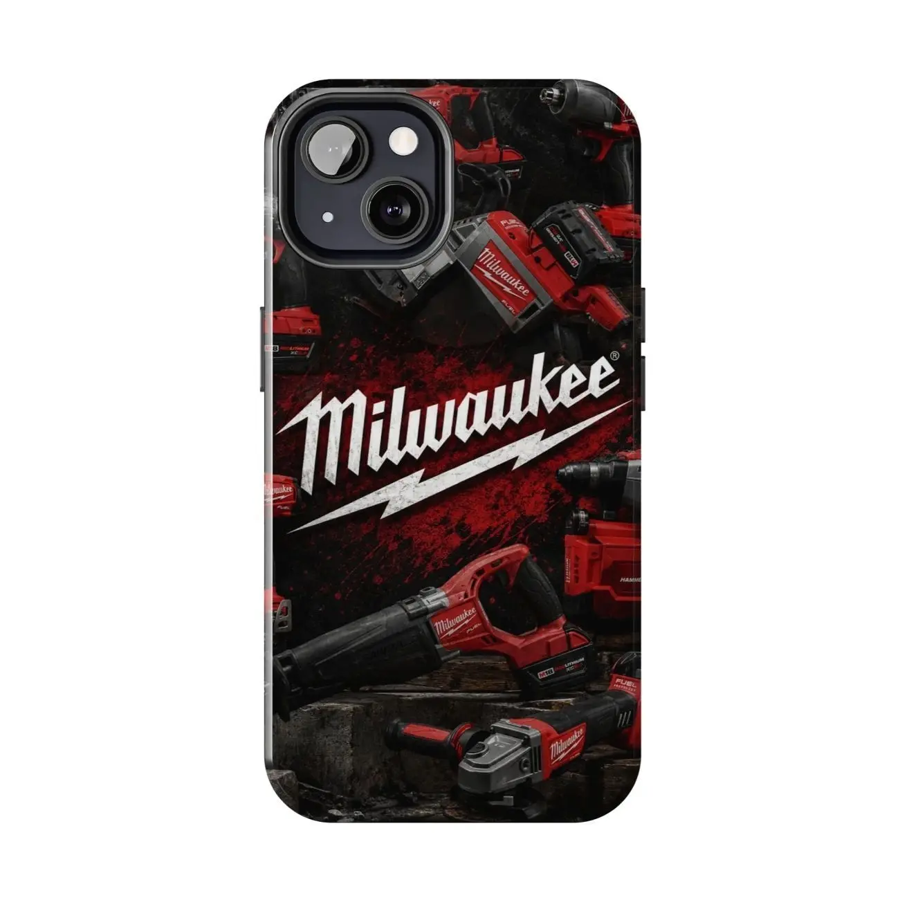 Milwaukee Tools Phone Case, Red Black Power Tool Collage, Mechanic Workshop Tough Protective Case for iPhone 17 16 15 14 Pro Max