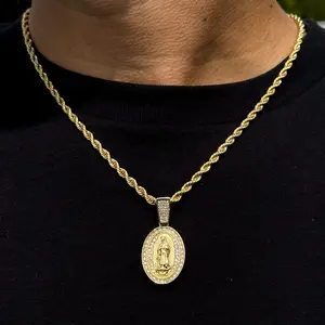 Guadalupe Virgin Mary Oval Cubic Zirconia Iced Charm Pendant & 4mm 18" 20" 24" Rope Chain Religious Necklace Fashion Jewelry Gift For Men, Women, Unisex
