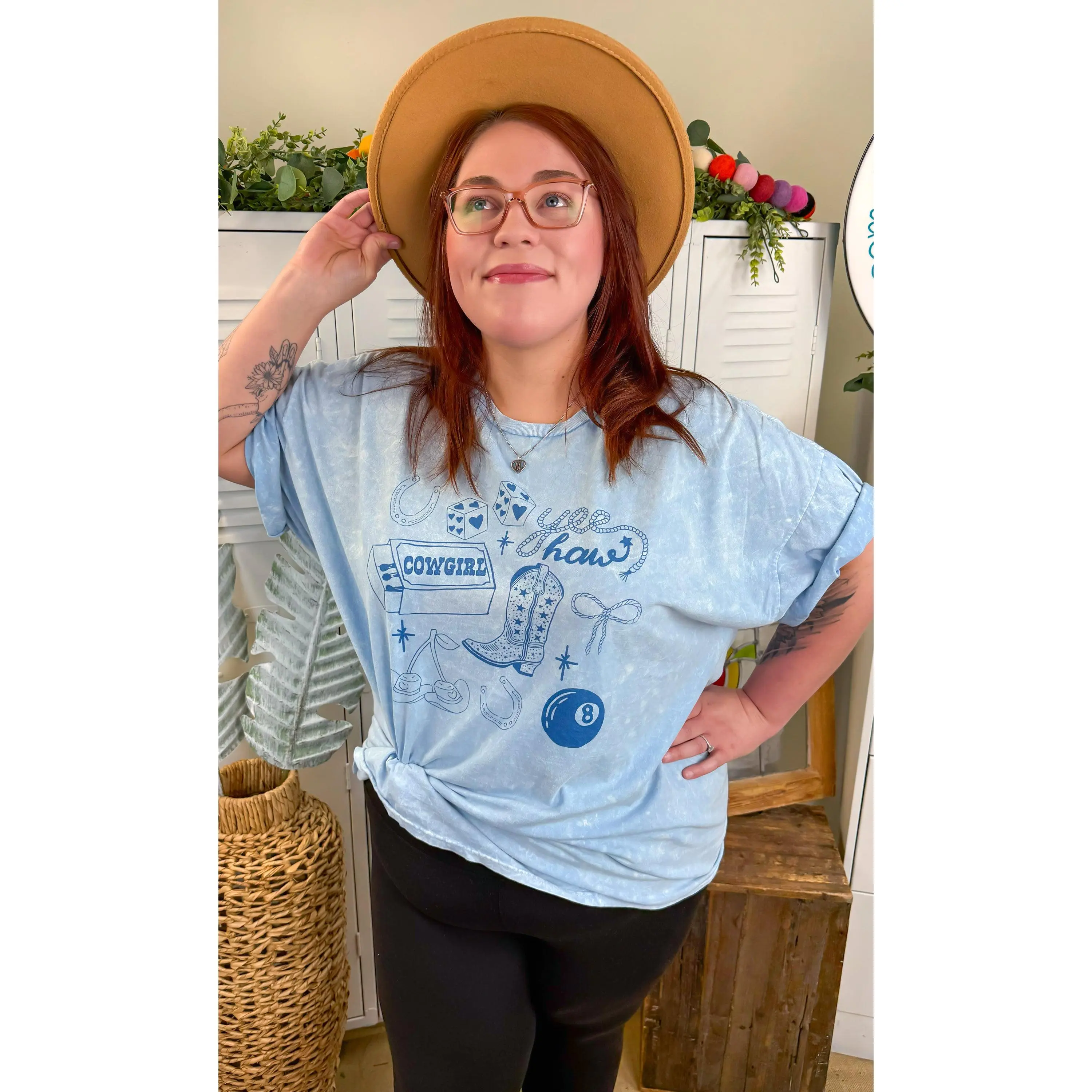 Tees2urdoor Women's Cowgirl Doodle Print Casual Basic T-Shirt - Comfortable Cotton Crew Neck Short-Sleeve Fitted Streetwear Top, Pairable with Jackets for Everyday Wear, Casual Basic Tee