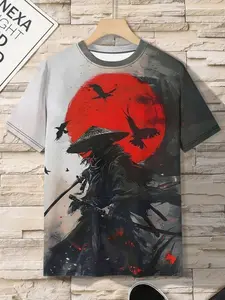 New Traditional Japanese Samurai Print T-Shirt, Men's Ink Style Moon Warrior Short Sleeve, Loose Fit Streetwear, Oriental Fashion