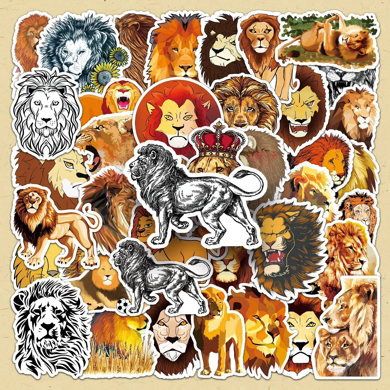 Lion Pattern Sticker, 100pcs/set Cartoon Animal Pattern Decorative Sticker, DIY Decals for Water Bottle, Laptop, Phone Case, Scrapbooking, Journal Making