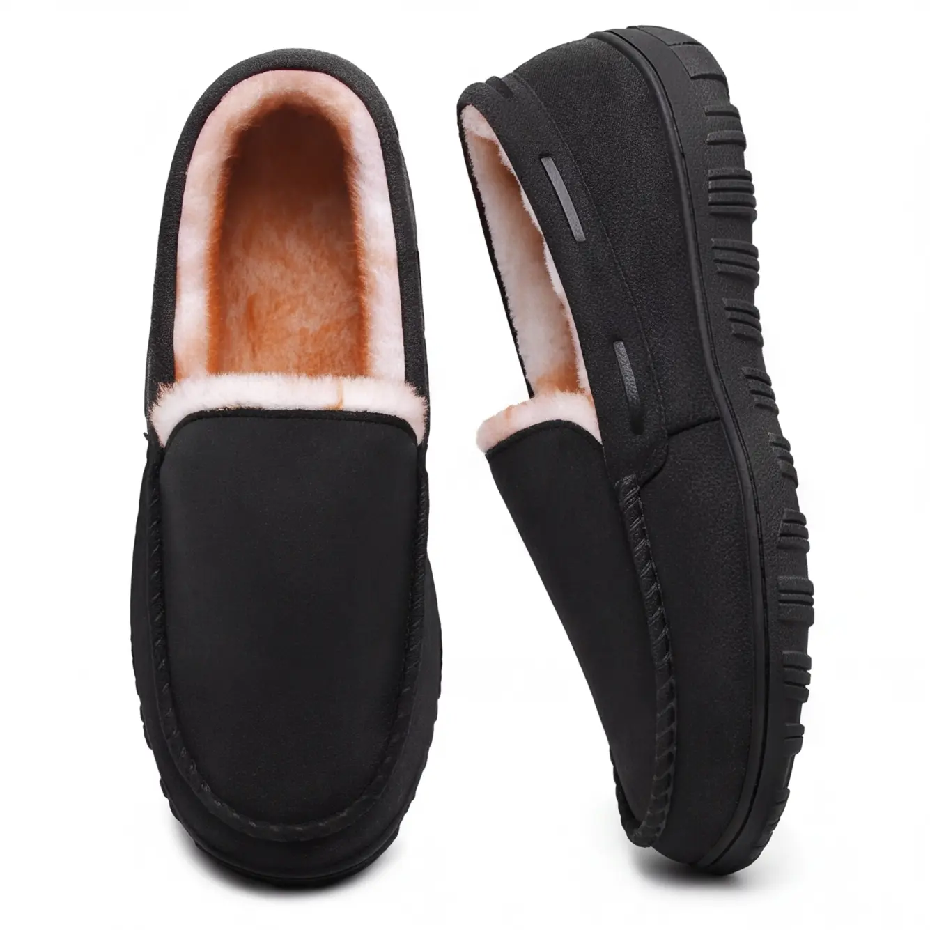 Men's Faux Suede Moccasin Slippers with Thick Plush Fleece Lining Memory Foam, Non-Slip Rubber Sole Indoor Outdoor Father's Day Gift