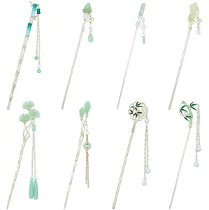 inSowni 8 Pieces Vintage Asian Chinese Traditional Hanfu Gold Metal Artificial Jade Bamboo Flower Butterfly Hair Pins with Pearl Bead Pendants Long Hair Sticks Forks Bun Updo Hairpins for Women Girls