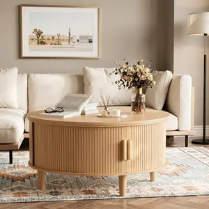 Fluted Lift-Top Coffee Table | Round Wood Center Table with Hidden Storage & Sliding Tambour Doors for Small Spaces