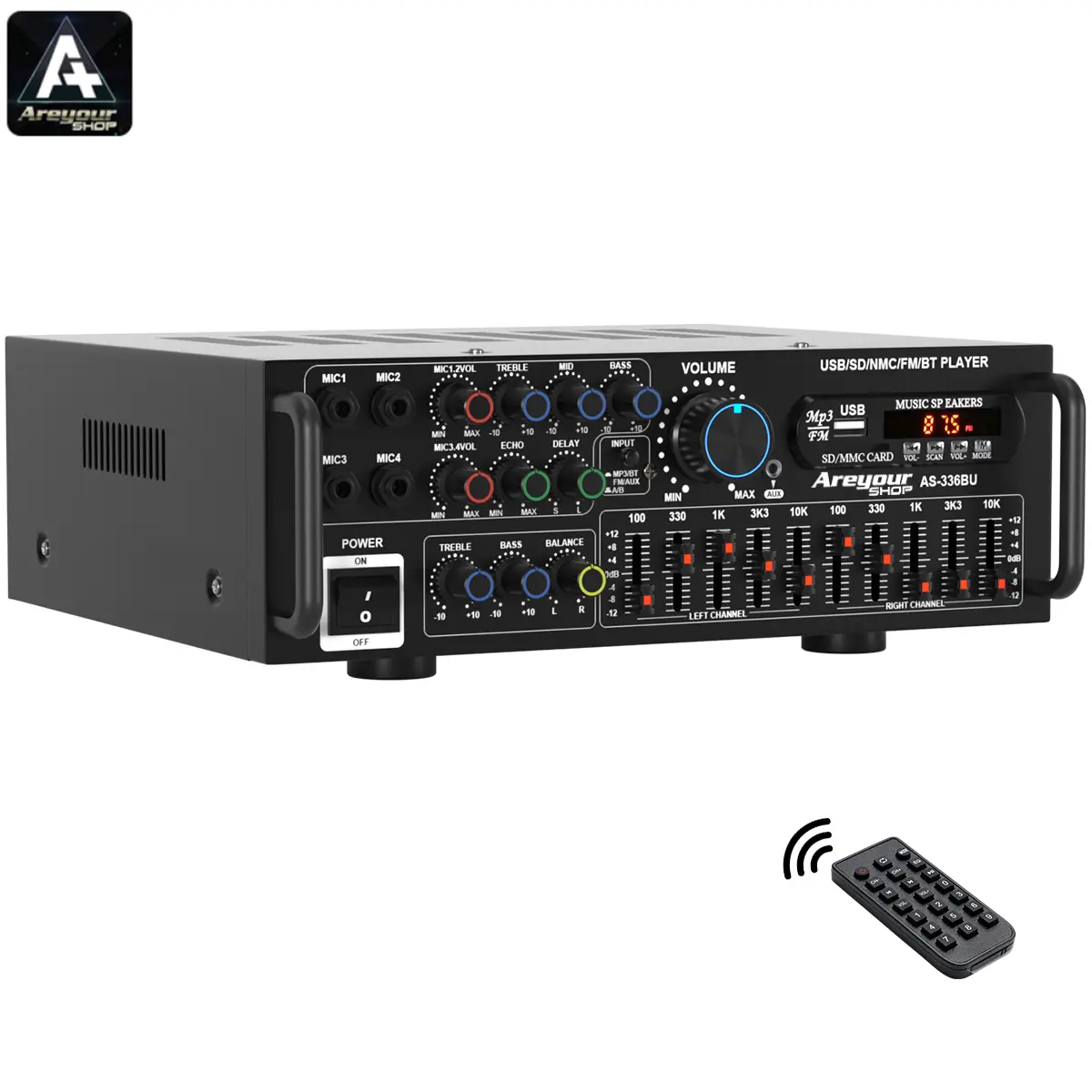 2000W(Peak) Bluetooth 5.0 HiFi Stereo Power Amplifier with Remote Control & 4 Mic Inputs For Home Car Mixer Radio Subwoofer Smartphone Audio Universal Karaoke FM USB SD AUX,